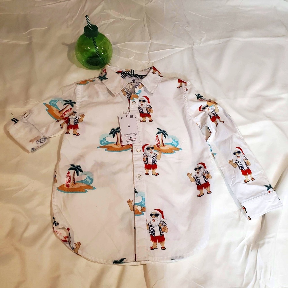 NWT Cactus Boys Santa Surfing Long Sleeve Button Down Shirt